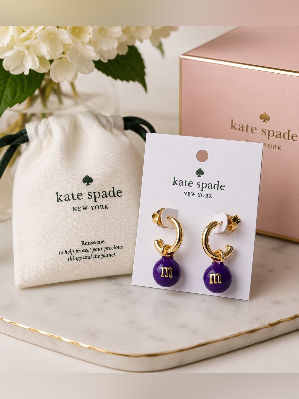 💜 ♠️ Kate Spade x M&M’s Purple Candy Charm Huggie Hoop Earrings NWT